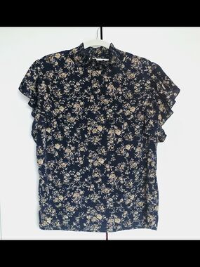 SHEIN Women's Navy Floral Ruffle Sleeve Blouse, Large, Office Casual Dressy Wear